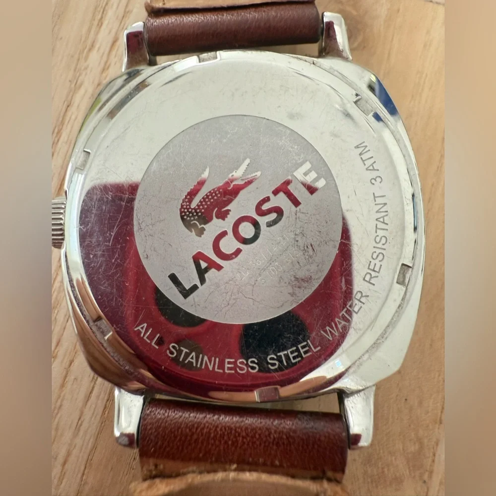 Lacoste mens blue dial silver tone brown leather watch NEW BATTERY